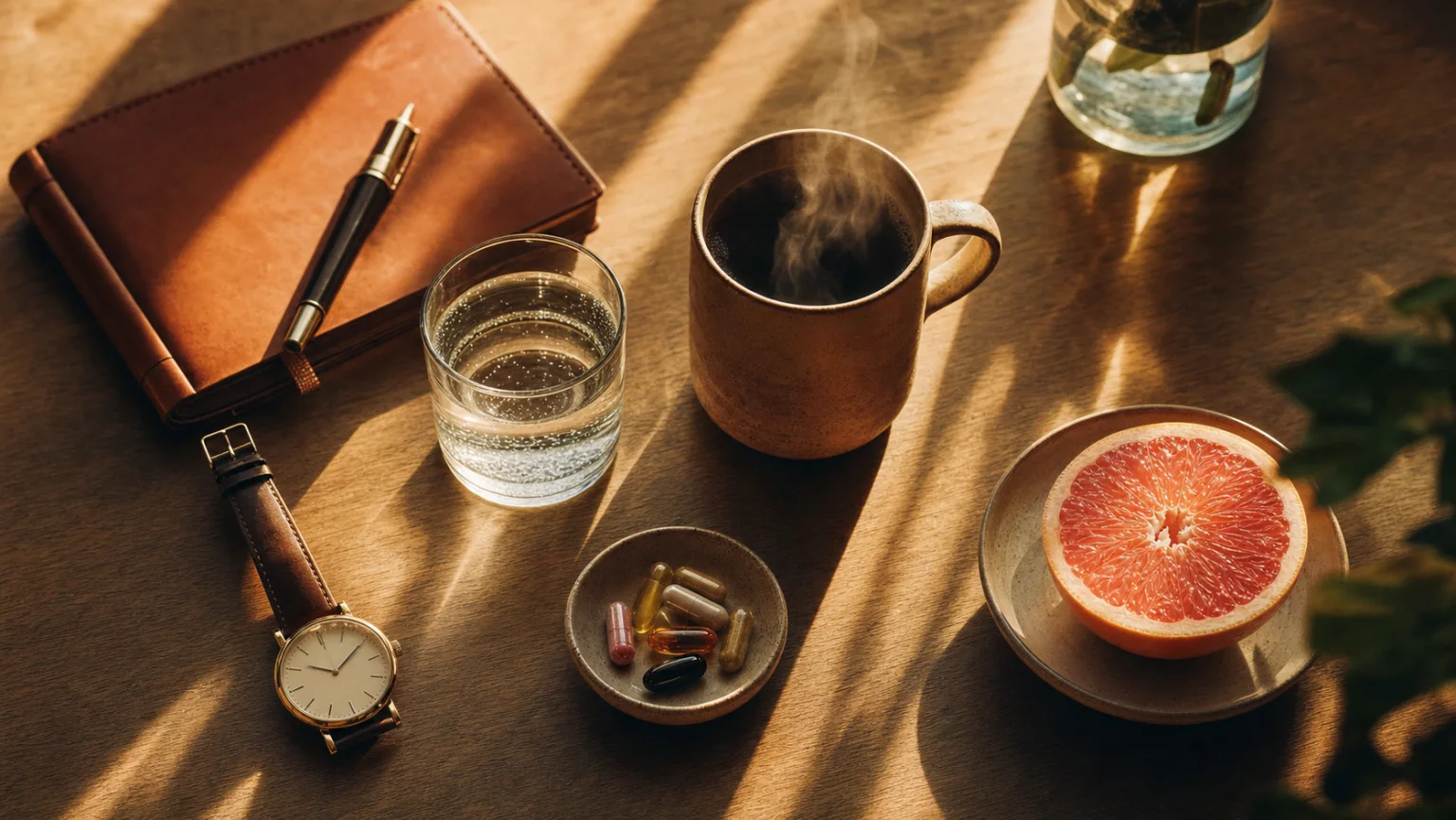 A sunlit wooden table with coffee, water, a notebook, a watch, grapefruit and a small dish of capsules.