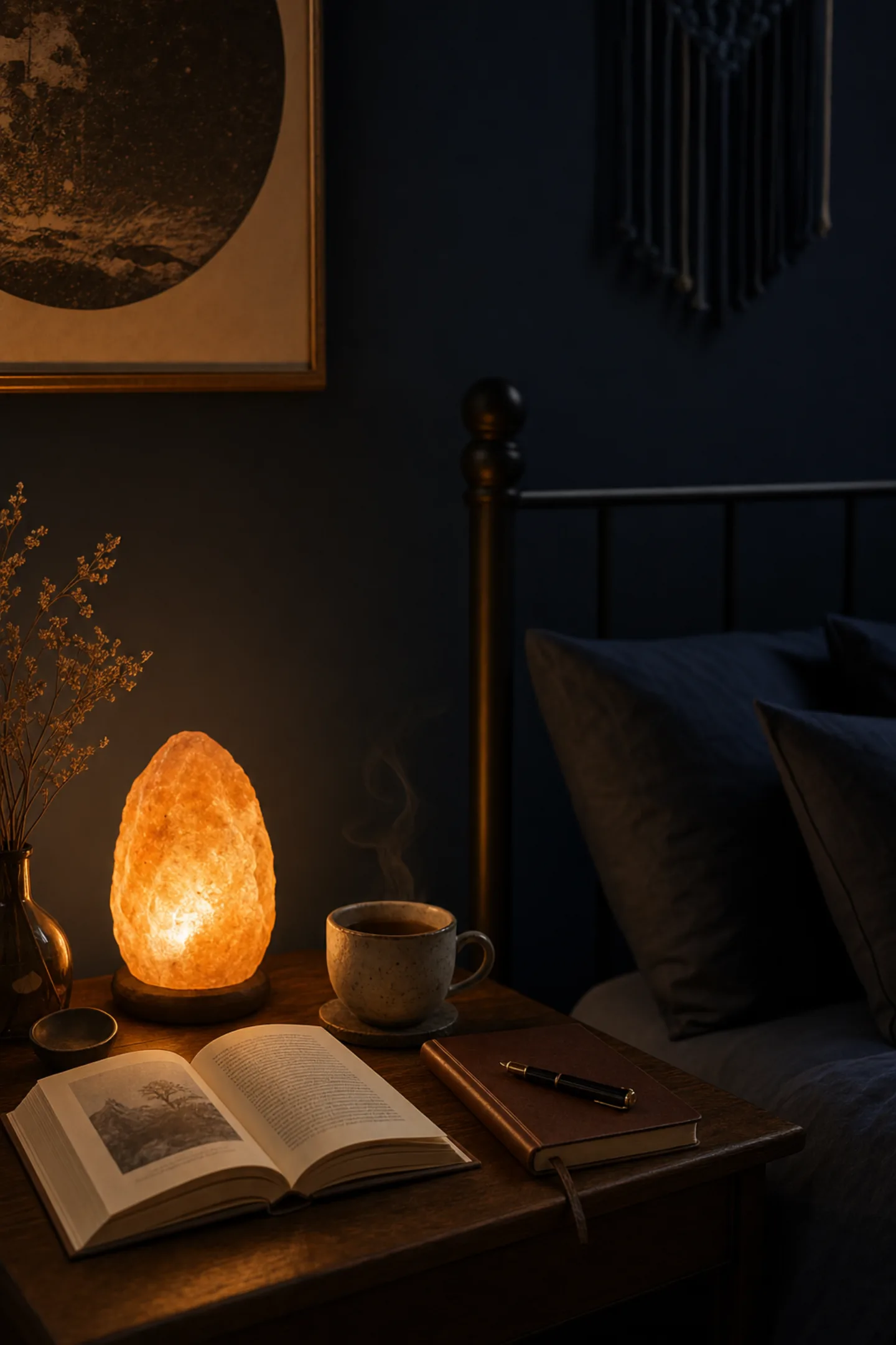 Warm amber salt lamp glowing on a nightstand next to a book and journal.