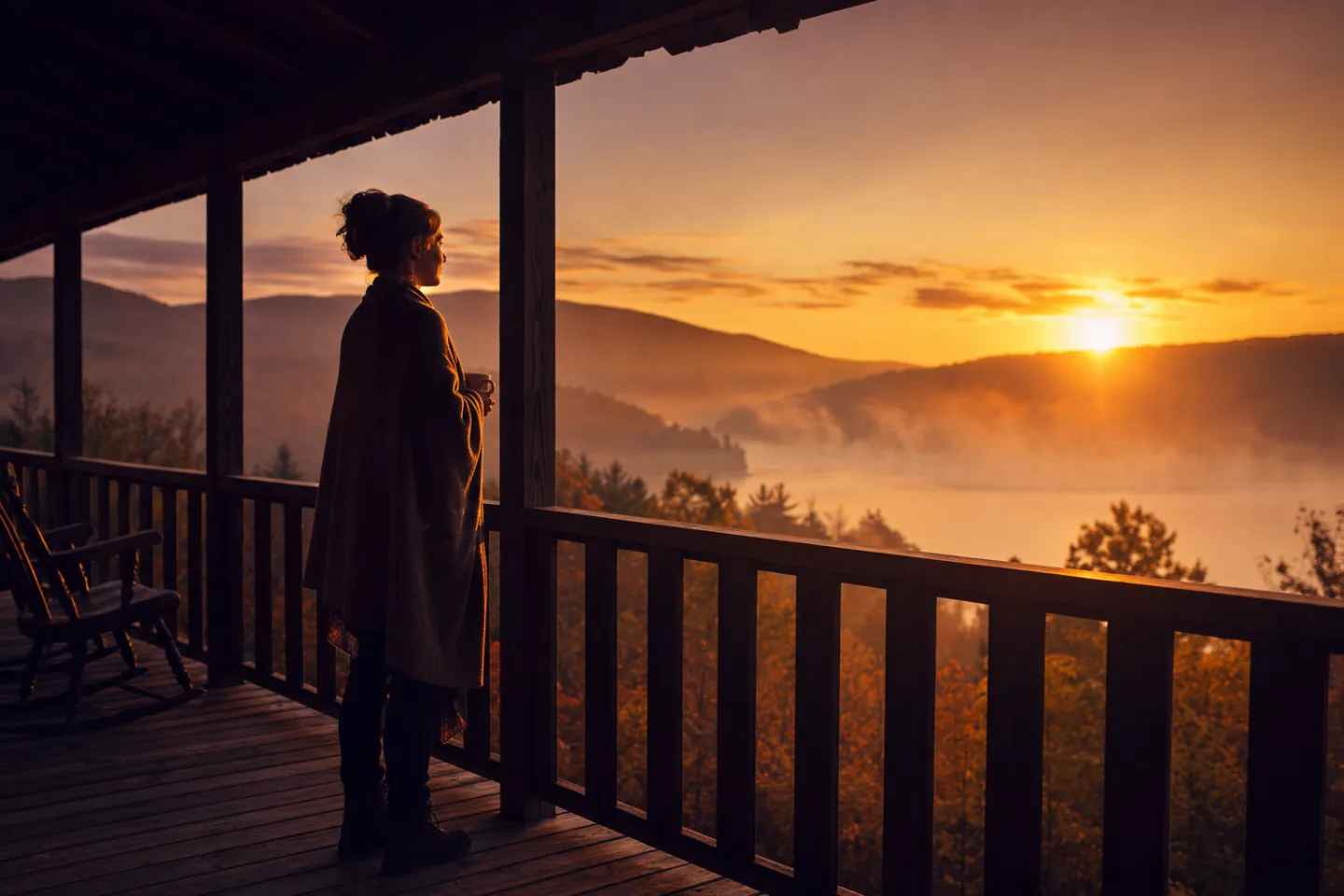A person silhouetted against a golden sunrise on a wooden porch.
