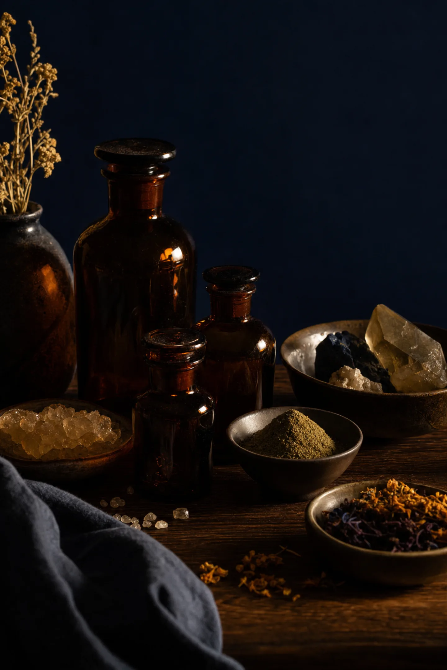 Amber apothecary bottles and mineral crystals arranged on a dark surface.